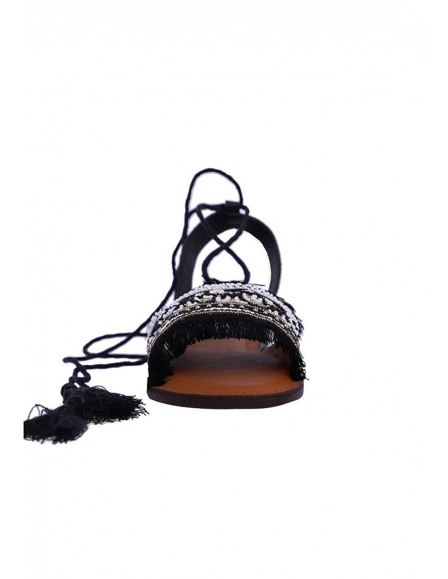 Footwear FOR TIME | Women's Flat Sandal For Time Kefalonia Black With Beads Black