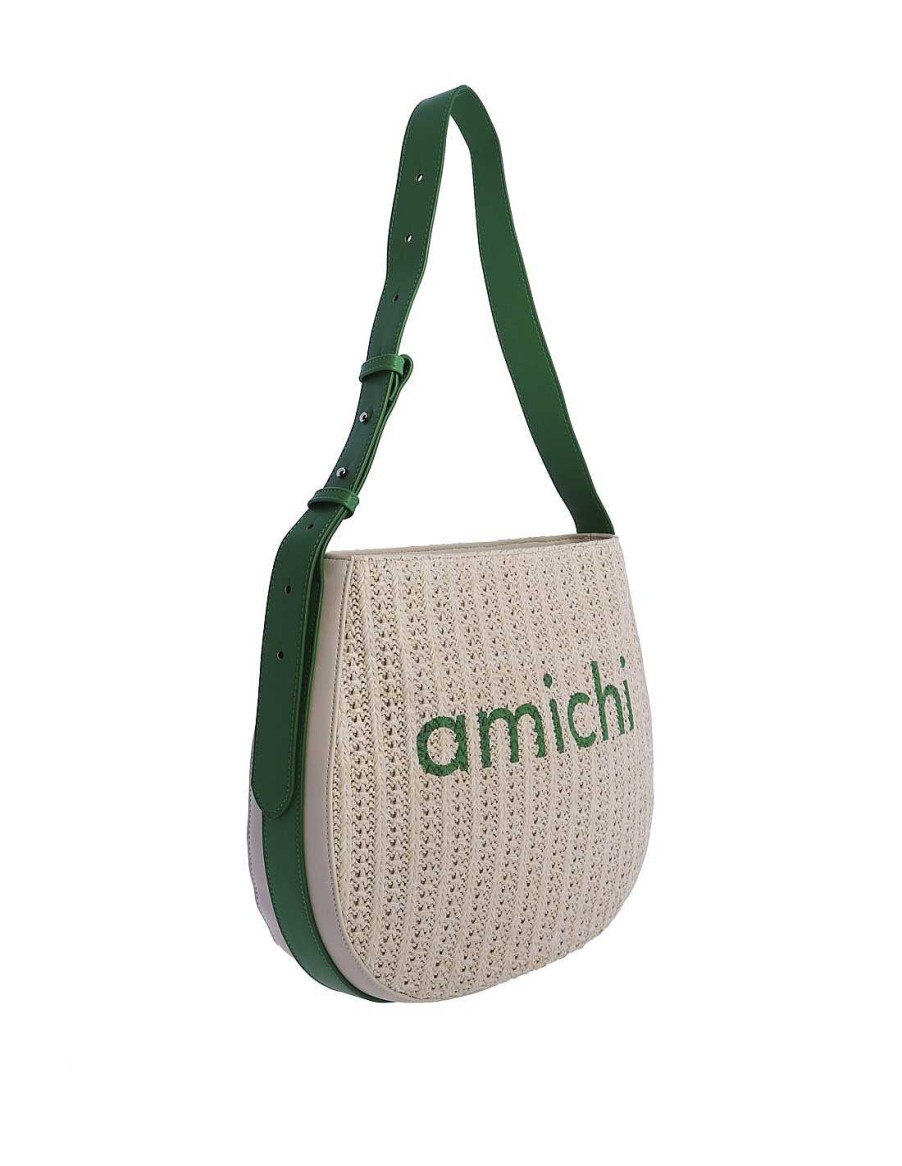 Bags AMICHI | Amichi Women's Raffia Pearl Shopper Bag with Zipper Green