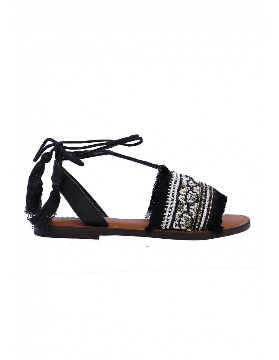 Footwear FOR TIME | Women's Flat Sandal For Time Kefalonia Black With Beads Black