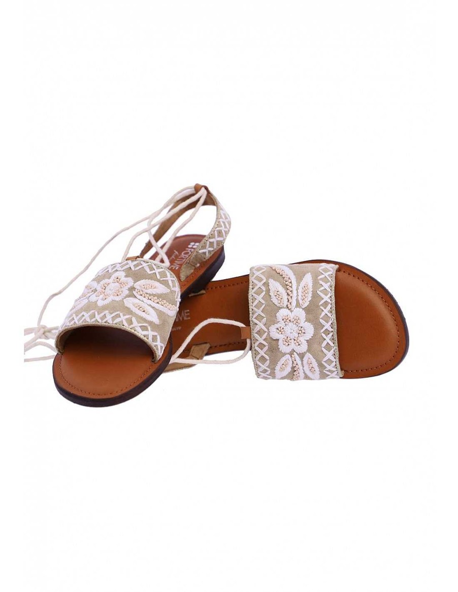 Footwear FOR TIME | For Time Arcadia Women's Flat Sandal With Embroidery Natural