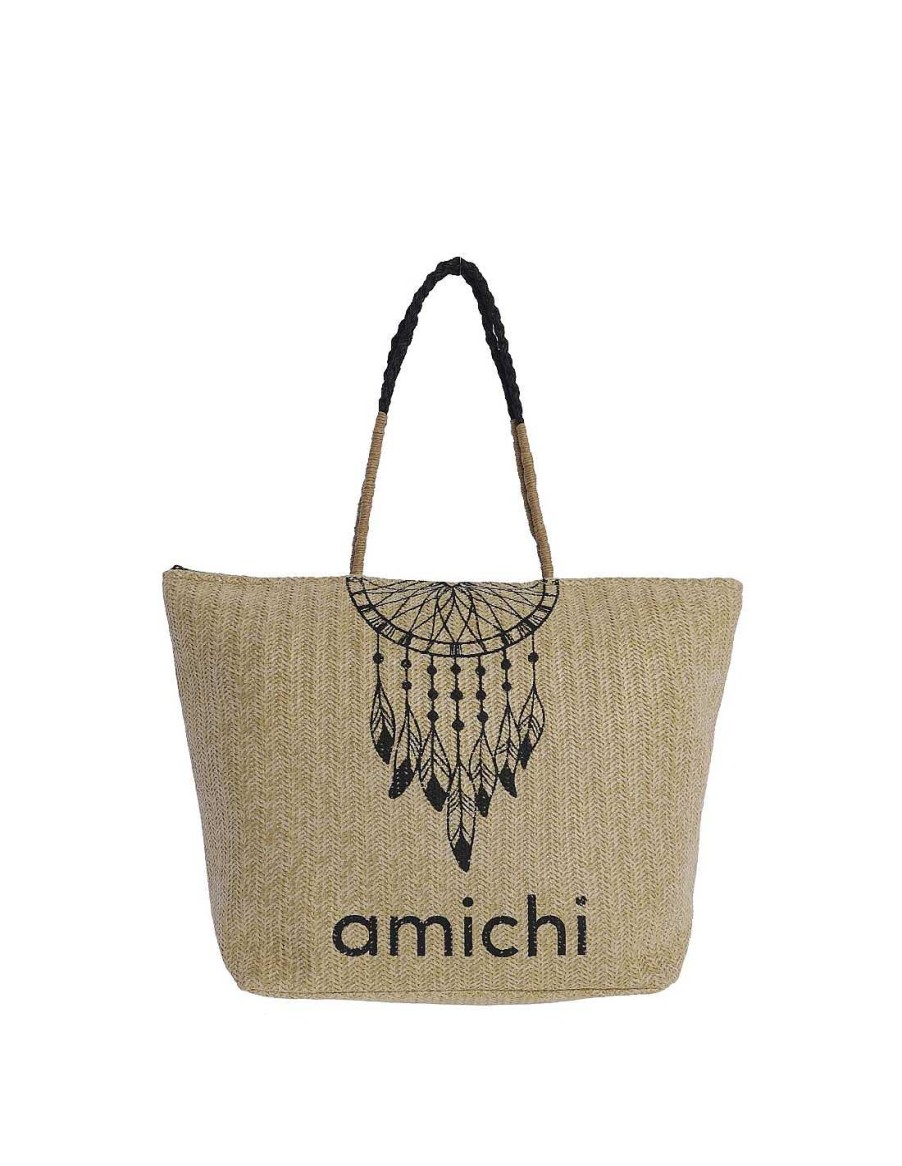 Bags AMICHI | Amichi Severa Raffia Women's Beach Bag With Zipper Natural