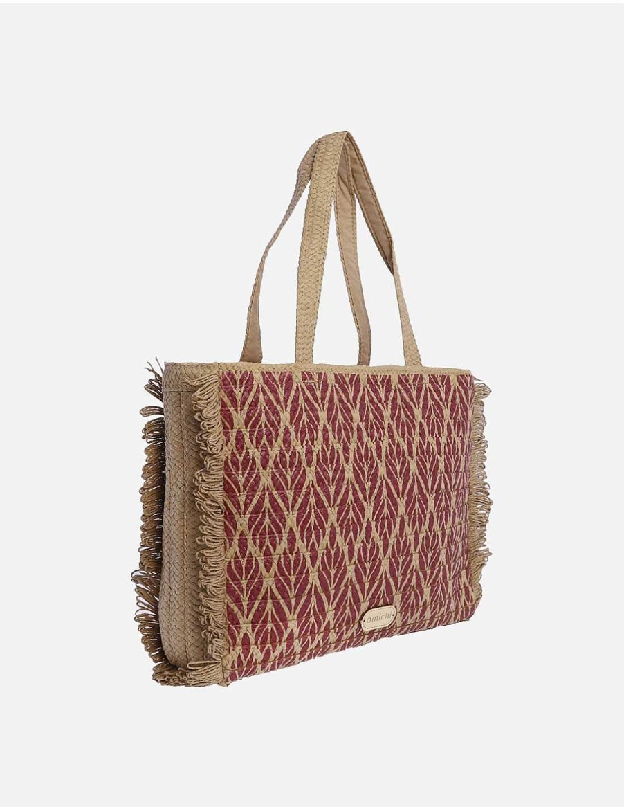 Bags AMICHI | Amichi Simone Raffia Women's Shopper Bag With Zipper Red