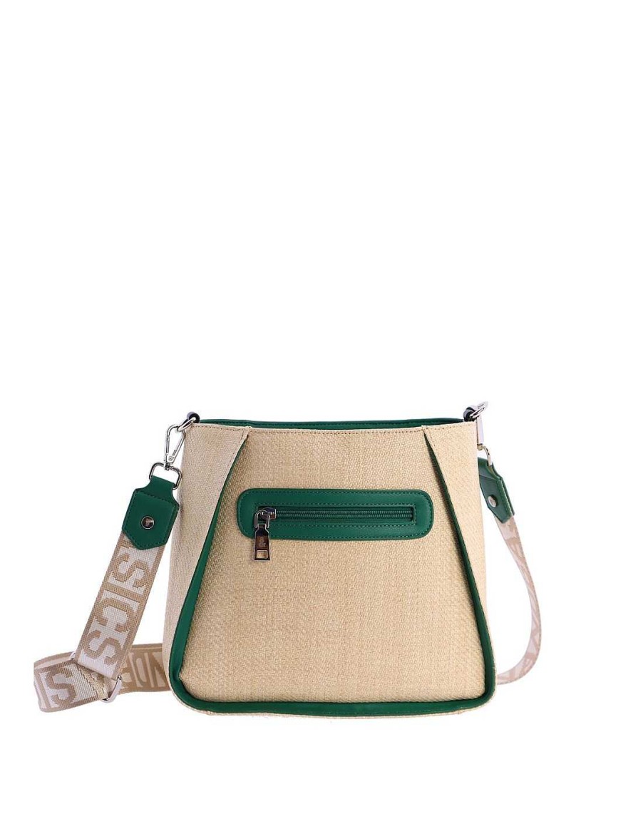 Bags Fun&Basics | Fun&Basics Olive Raffia Women's Crossbody Bag with Zipper Green